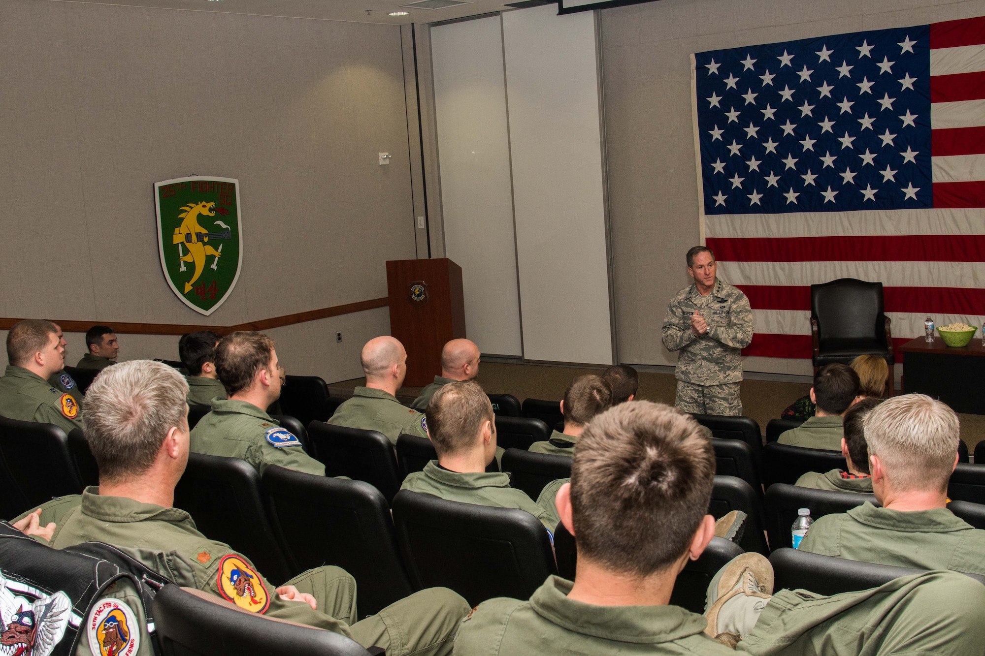 Air Force Chief of Staff Gen. David L. Goldfein speaks to 25th Fighter Squadron pilots during a briefing at Osan Air Base, Republic of Korea, Oct. 31, 2016. Goldfein spoke with the pilots about upcoming changes and plans for fighter pilot retention. Goldfein visited Osan to communicate his focus areas of revitalizing squadrons, strengthening joint leaders and teams, and multi-domain command and control. (U.S. Air Force photo by Senior Airman Dillian Bamman)