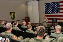 Air Force Chief of Staff Gen. David L. Goldfein speaks to 25th Fighter Squadron pilots during a briefing at Osan Air Base, Republic of Korea, Oct. 31, 2016. Goldfein spoke with the pilots about upcoming changes and plans for fighter pilot retention. Goldfein visited Osan to communicate his focus areas of revitalizing squadrons, strengthening joint leaders and teams, and multi-domain command and control. (U.S. Air Force photo by Senior Airman Dillian Bamman)