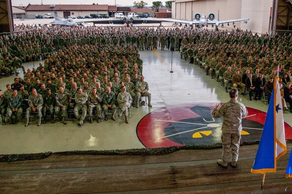 Air Force Chief of Staff Gen. David L. Goldfein speaks with Team Osan during an all-call on Osan Air Base, Republic of Korea, Oct. 31, 2016. While visiting Osan, Goldfein fielded a variety of questions and explained his priorities as chief of staff and how he plans to tackle them. (U.S. Air Force photo by Staff Sgt. Jonathan Steffen)