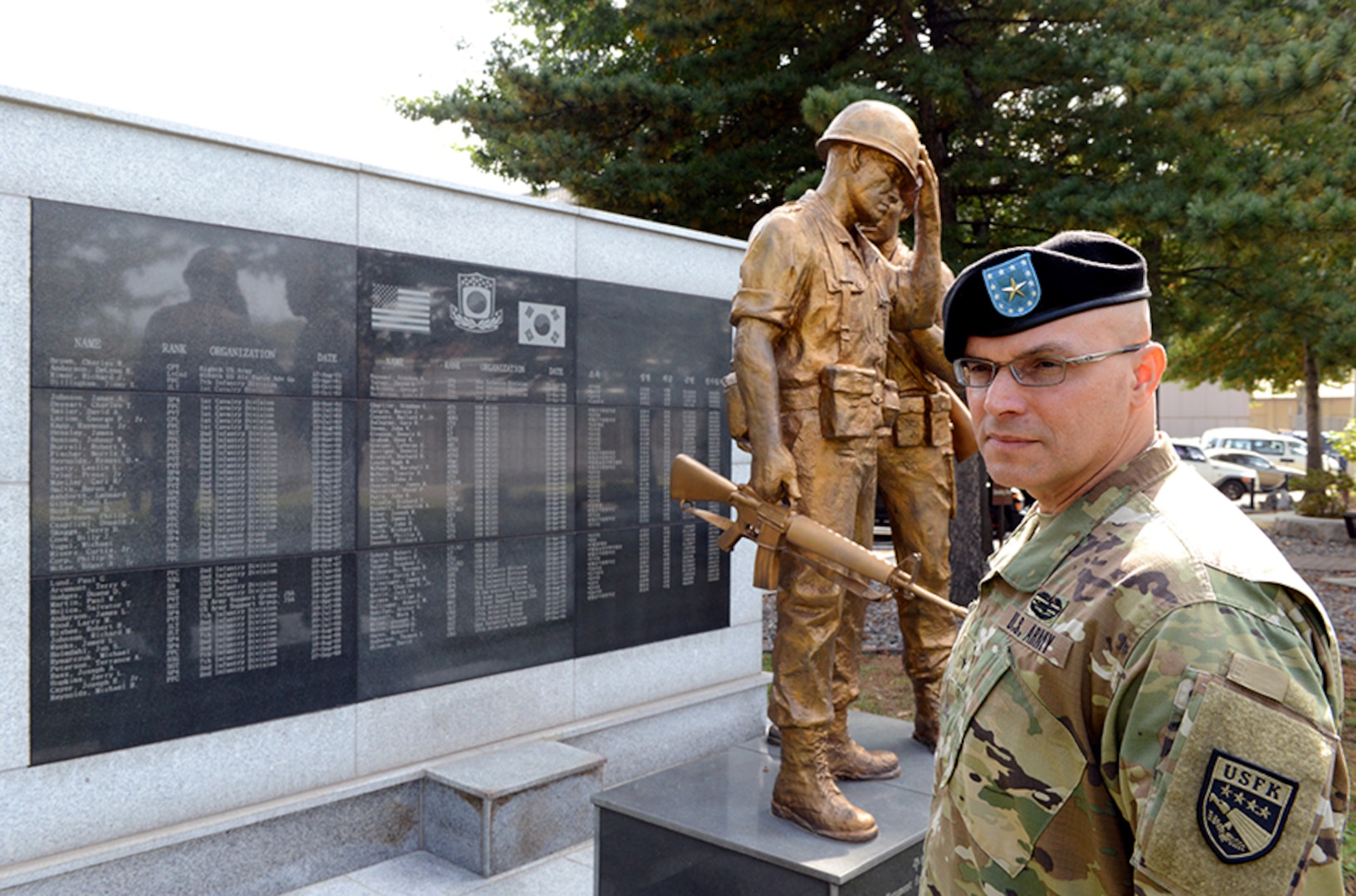 Brigadier Gen. Raul E. Escribano stands in front of the ROK-US Korean War memorial located on U.S. Army Garrison Yongsan. 