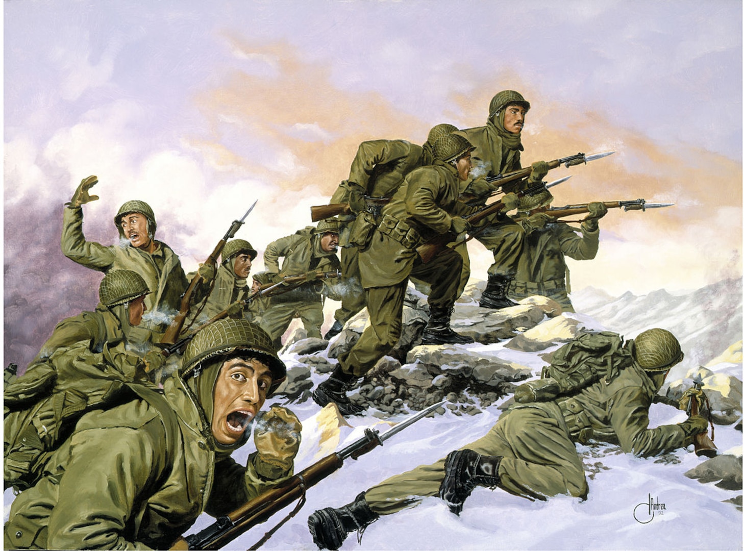 Painting depiction of the U.S. 65th Infantry Regiment’s bayonet charge against a Chinese division during the Korean War, by Dominic D’Andrea, 1992. 