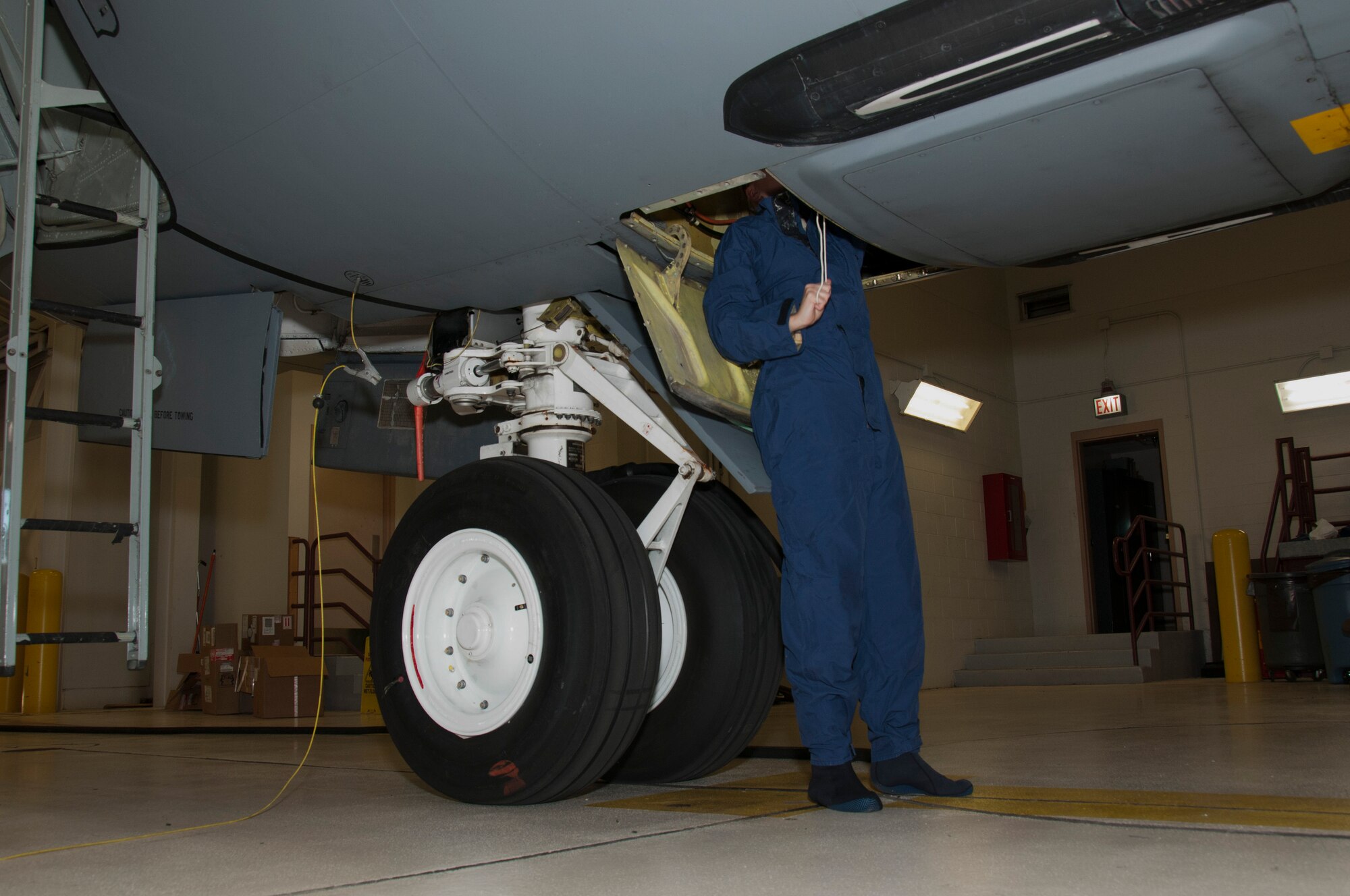 Staff Sgt. Julia Meyer, a fuels systems mechanic with the 168th Maintenance Squadron, finishes the lacing for the fuel system zero-cell access area of the KC-135R inside the unit's fuel cell hangar at Eielson AFB, Alaska, October 18, 2016. Meyer is a fulltime technician with the Interior-Alaska unit and recently returned home from her third deployment to Southwest Asia. (U.S. Air National Guard photo by Senior Master Sgt. Paul Mann/Released)