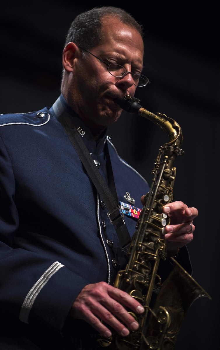 Master Sgt. Andrew Axelrad, U.S. Air Force Band’s Airmen of Note alto saxophonist, performs at North Central College’s Pfeiffer Hall in Naperville, Ill., Sept. 2, 2016. Naperville, a suburb of Chicago, is only a few miles away from where Axelrad grew up and learned to play the saxophone. (U.S. Air Force photo by Senior Airman Philip Bryant)