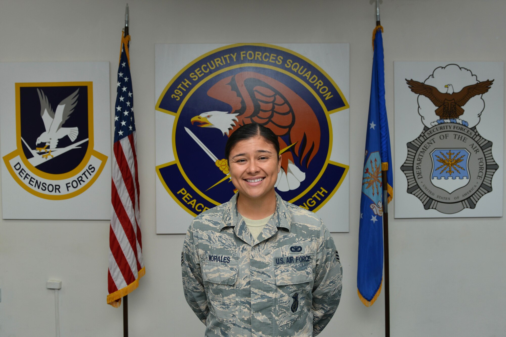 U.S. Air Force Senior Airman Megan Morales, 39th Security Forces Squadron reports and analysis section lead, was recently hand-picked for commission through the Senior Enlisted Commissioning Program Oct. 28, 2016, at Incirlik Air Base, Turkey. (U.S. Air Force photo by Senior Airman John Nieves Camacho)