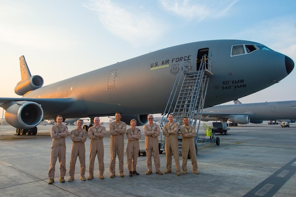 A U.S. Air Force KC-10 Extender crew and a Royal Australian Air Force KC-30A crew pose for a photo after completing the first ever coalition formation departure at an undisclosed location in Southwest Asia, Oct. 25, 2016. Between the two air craft, they had the capability to collectively travel more than 20,000 miles in a joint effort to refuel allied air craft in support of the liberation of Mosul, Iraq. (U.S. Air Force photo by Senior Airman Tyler Woodward)