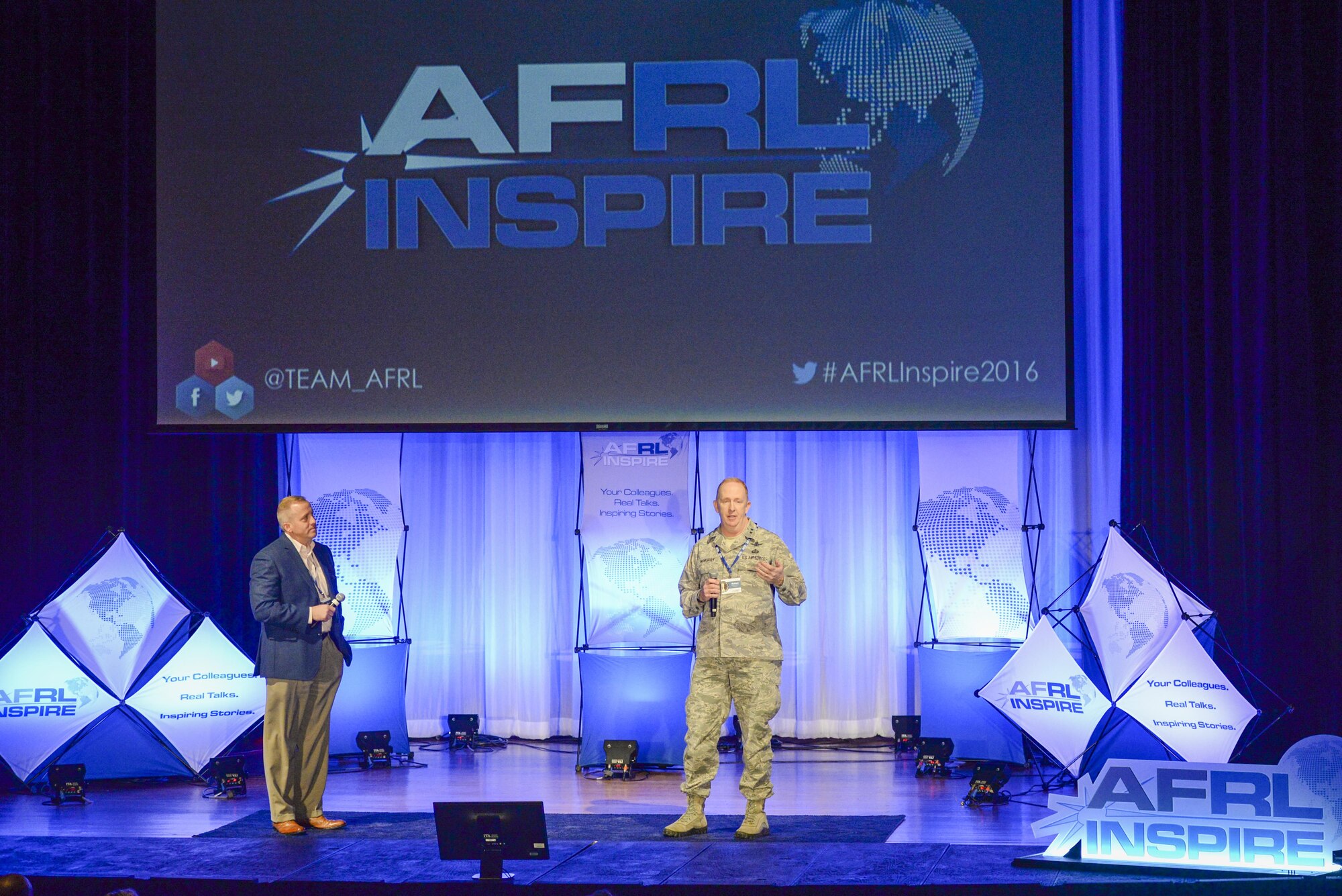 Maj. Gen. Robert D. McMurry Jr., commander of the Air Force Research Laboratory and Dr. Morley Stone, AFRL's Chief Technology Officer deliver opening remarks for the second annual AFRL Inspire event held Oct. 26 at the Dayton Art Institute. (U.S. Air Force photo/Wesley Farnsworth)