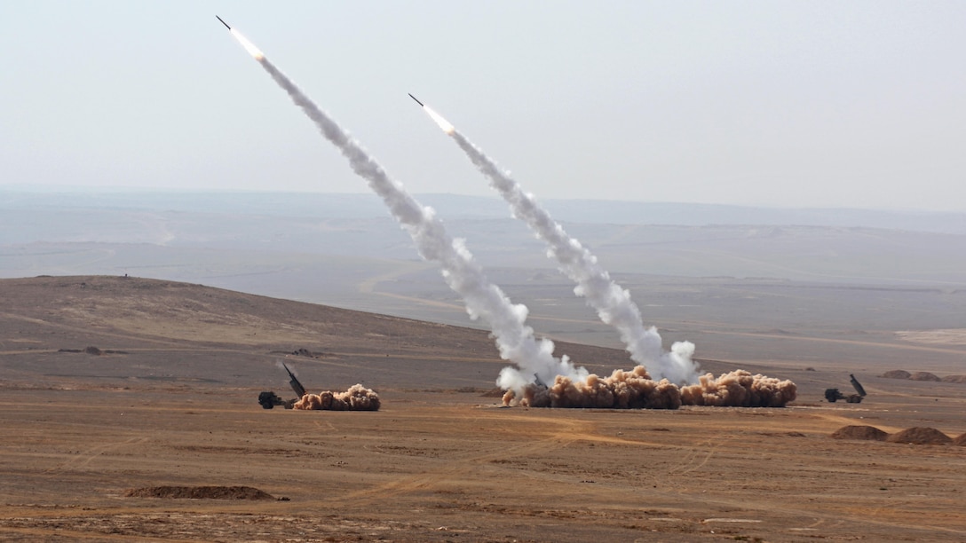 Soldiers from the Jordanian Army’s 29th Royal HIMARS Battalion and the U.S. Army’s 3rd Battalion, 321st Field Artillery Regiment conduct a live-fire exercise October. The two nations continue to partner to ensure interoperability.