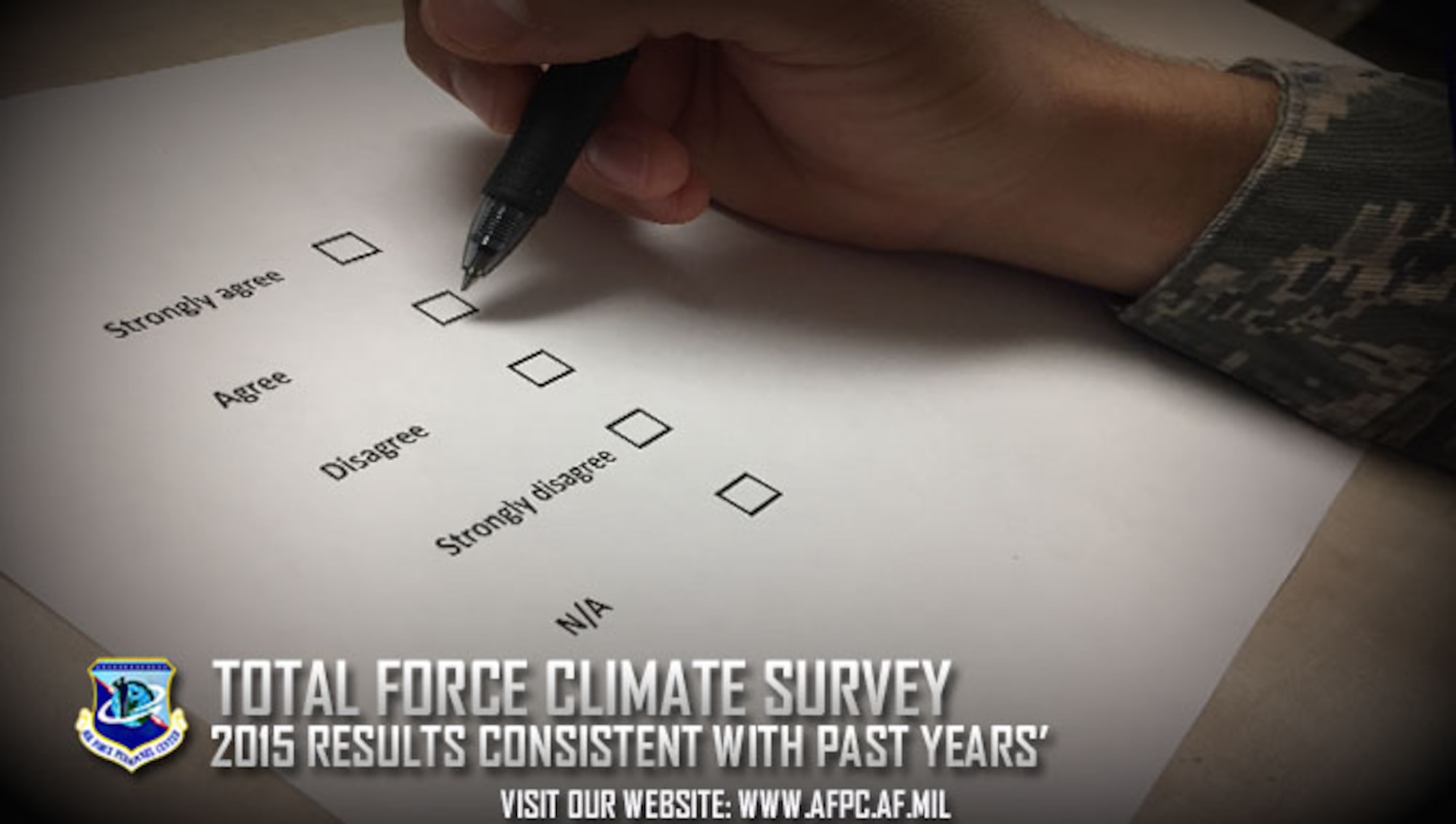 The Total Force Climate Survey results remain consistent with previous years’ and show Airmen are generally satisfied. The survey was conducted March 13 - April 27, 2015. The Air Force leverages the results of the survey to build on the tradition of taking care of Airmen—one of the Air Force’s top priorities. (U.S. Air Force graphic by Kat Bailey)