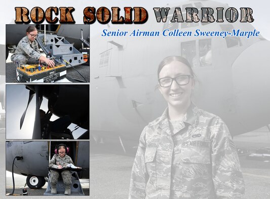 This week's Rock Solid Warrior is Senior Airman Colleen Sweeney-Marple, a 386th Expeditionary Aircraft Maintenance Squadron assistant dedicated crew chief. Sweeney-Marple is deployed from the 755th Aircraft Maintenance Squadron at Davis-Monthan Air Force Base, Ariz.