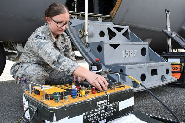 Senior Airman Colleen Sweeney-Marple, a 386th Expeditionary Aircraft Maintenance Squadron assistant dedicated crew chief, checks an air data test set at an undisclosed location in Southwest Asia Nov. 1, 2016. Senior Airman Colleen Sweeney-Marple is deployed from the 755th Aircraft Maintenance Squadron at Davis-Monthan Air Force Base, Ariz. (U.S. Air Force photo by Senior Airman Andrew Park/Released)
