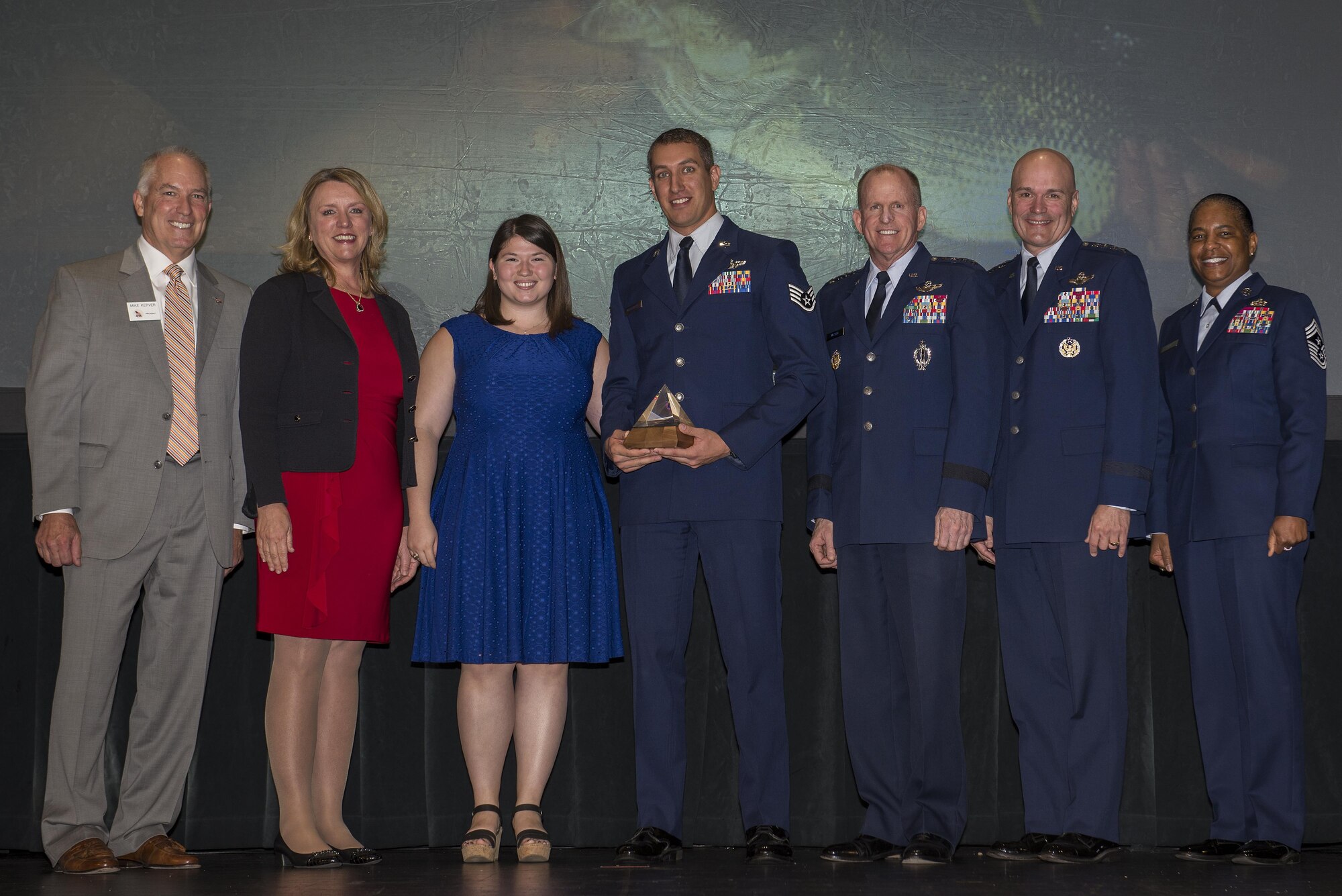 U.S. Air Force Staff Sgt. Gregory Marquardt, 62nd Airlift Squadron standardization and evaluation liason/C-130J formal training unit instructor loadmaster, receives the General Dutch Huyser Outstanding Aircrew Member Award at the annual Airlift/Tanker Association conference held Oct. 27 - 30, 2016 at Nashville, Tenn.  The ATA recognizes Air Force active-duty, Reserve and retired personnel (officer and enlisted), as well as industrial support and civilians throughout the air mobility mission. (Courtesy Photo)