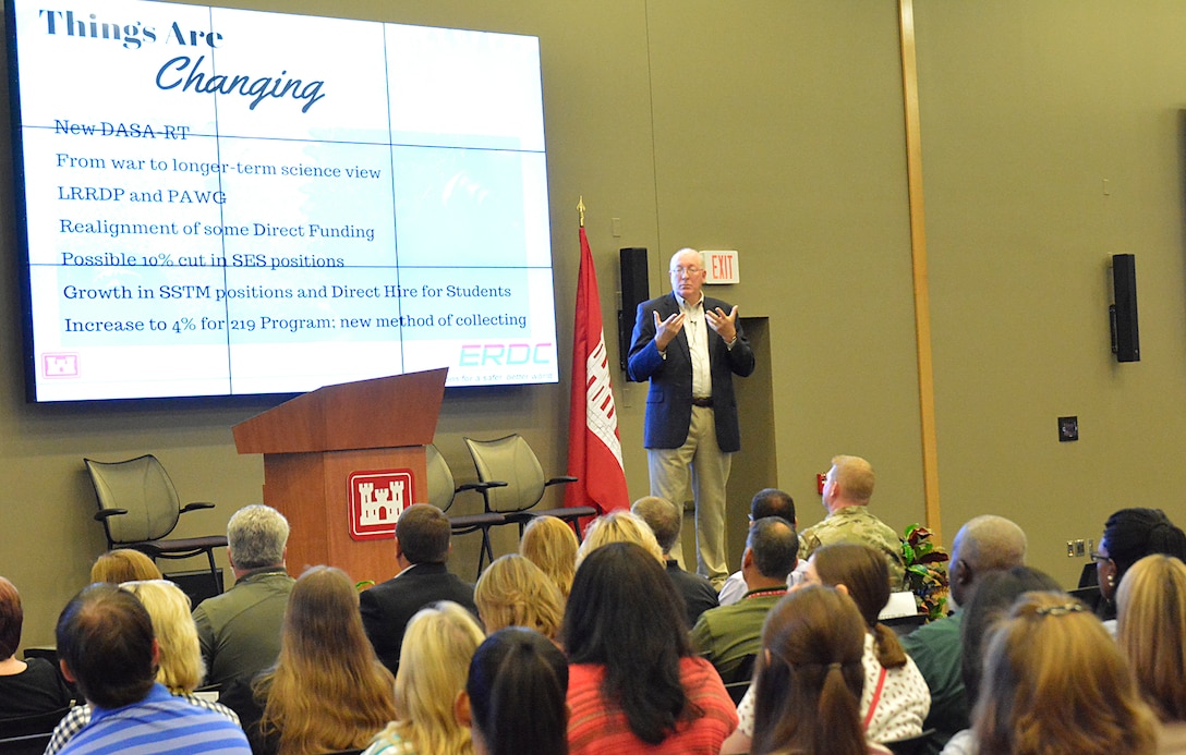 Dr. Jeff Holland presents the State of the ERDC for employees and leadership at the Information Technology Laboratory's Conference Center October 11.