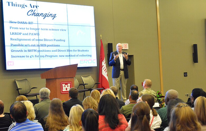 Dr. Jeff Holland presents the State of the ERDC for employees and leadership at the Information Technology Laboratory's Conference Center October 11.