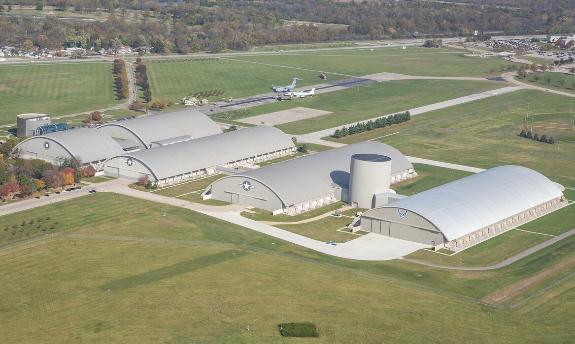 DAYTON, Ohio (11/2016) -- Aerial view of the National Museum of the U.S. Air Force. The museum collects, researches, conserves, interprets and presents the Air Force's history, heritage and traditions, as well as today's mission to fly, fight and win...in Air, Space and Cyberspace to a global audience through engaging exhibits, educational outreach, special programs, and the stewardship of the national historic collection. (U.S. Air Force photo by Ken LaRock, pilot Matt Kiefer)