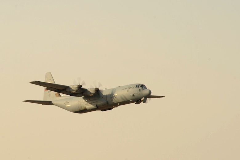 A U.S. Air Force C-130J Super Hercules assigned to the 386th Air Expeditionary Wing takes off from an undisclosed location in Southwest Asia during a mission in support of Operation Inherent Resolve Oct. 19, 2016. (U.S. Air Force photo by Senior Airman Zachary Kee/Released)