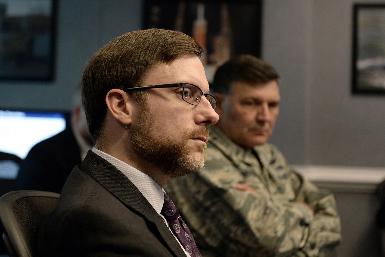 Jamie Morin, director of cost Assessment and Program Evaluation, listens to a briefing about F-35 cost tracking software developed by the Pentagon and contractor Lockheed Martin at the Pentagon in Arlington, Va. Nov. 1, 2016.  (DoD photo by EJ Hersom)
