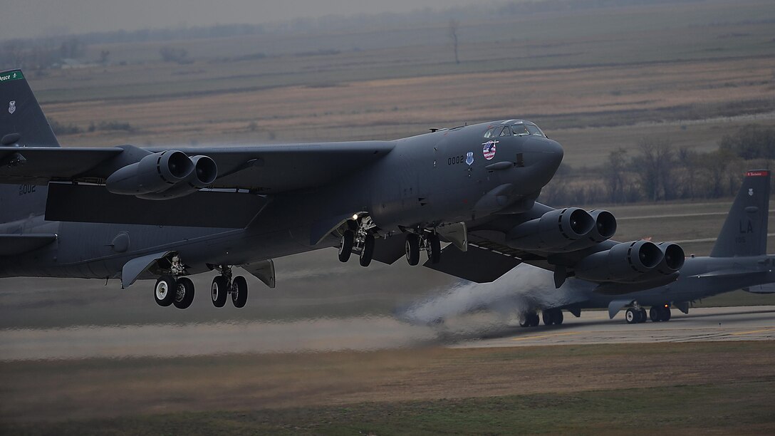 A B-52H Stratofortress assigned to Air Force Global Strike Command (AFGSC) takes off from the flightline at Minot Air Force Base, N.D., Oct. 30, 2016, during exercise Global Thunder 17. AFGSC supports U.S. Strategic Command's (USSTRATCOM) global strike and nuclear deterrence missions by providing strategic assets, including bombers like the B-52 and B-2, to ensure a safe, secure, effective and ready deterrent force. Global Thunder is an annual training event that assesses command and control functionality in all USSTRATCOM mission areas and affords component commands a venue to evaluate their joint operational readiness. (U.S. Air Force photo by Tech. Sgt. Evelyn Chavez)