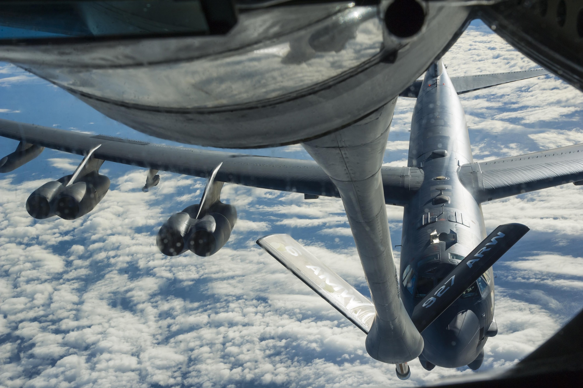 A KC-135 Stratotanker prepares to refuel a B-52 Stratofortress in midair over the United States Oct. 30, 2016, as part of Exercise Global Thunder. Exercise Global Thunder provides training opportunities for USSTRATCOM components, task forces, units and command posts to deter and, if necessary, defeat a military attack against the United States and to employ forces as directed by the President.This tanker refueled two B-52s on this mission. (U.S. Air Force photo/Tech. Sgt. Travis Edwards)
