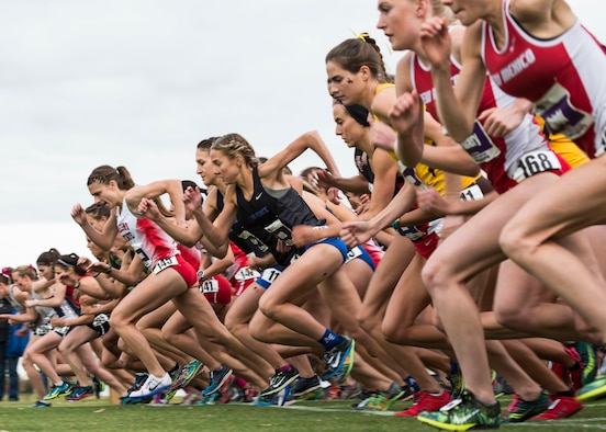 The start of the women's Mountain West Conference Championship Oct. 28, 2016, at the Falcon Crest Golf Club in Kuna, Idaho. New Mexico University won the event with 42 points. The Air Force Academy placed second marking the highest finish ever for their program in the conference race. (U.S. Air Force photo by Airman 1st Class Chester Mientkiewicz/Released)