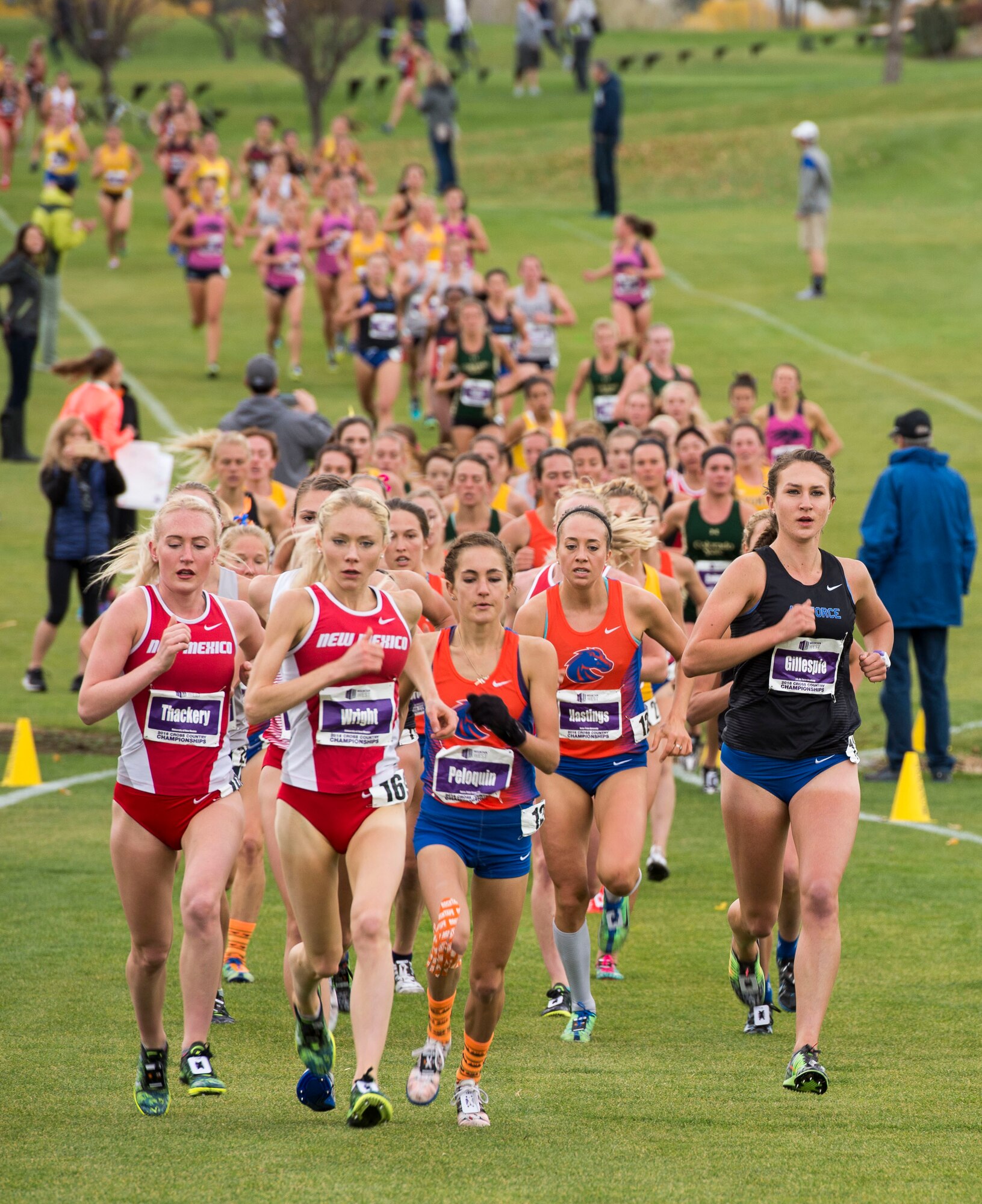 Women run the Mountain West Conference Championship race Oct. 28, 2016, at the Falcon Crest Golf Club in Kuna, Idaho. New Mexico University won the event with 42 points. The Air Force Academy placed second marking the highest finish ever for the program in the conference race. (U.S. Air Force photo by Airman 1st Class Chester Mientkiewicz/Released)