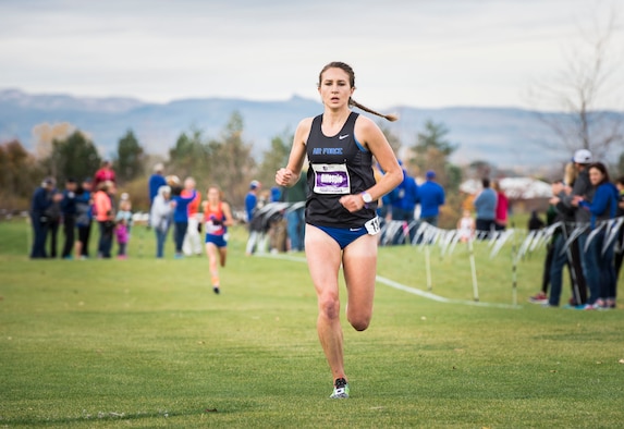 Cadet Carina Gillespie sprints the final stretch of the Mountain West Conference Championship Oct. 28, 2016, at the Falcon Crest Golf Club in Kuna, Idaho. Gillespie finished third overall in the women's race earning first team all-conference honors. (U.S. Air Force photo by Airman 1st Class Chester Mientkiewicz/Released)