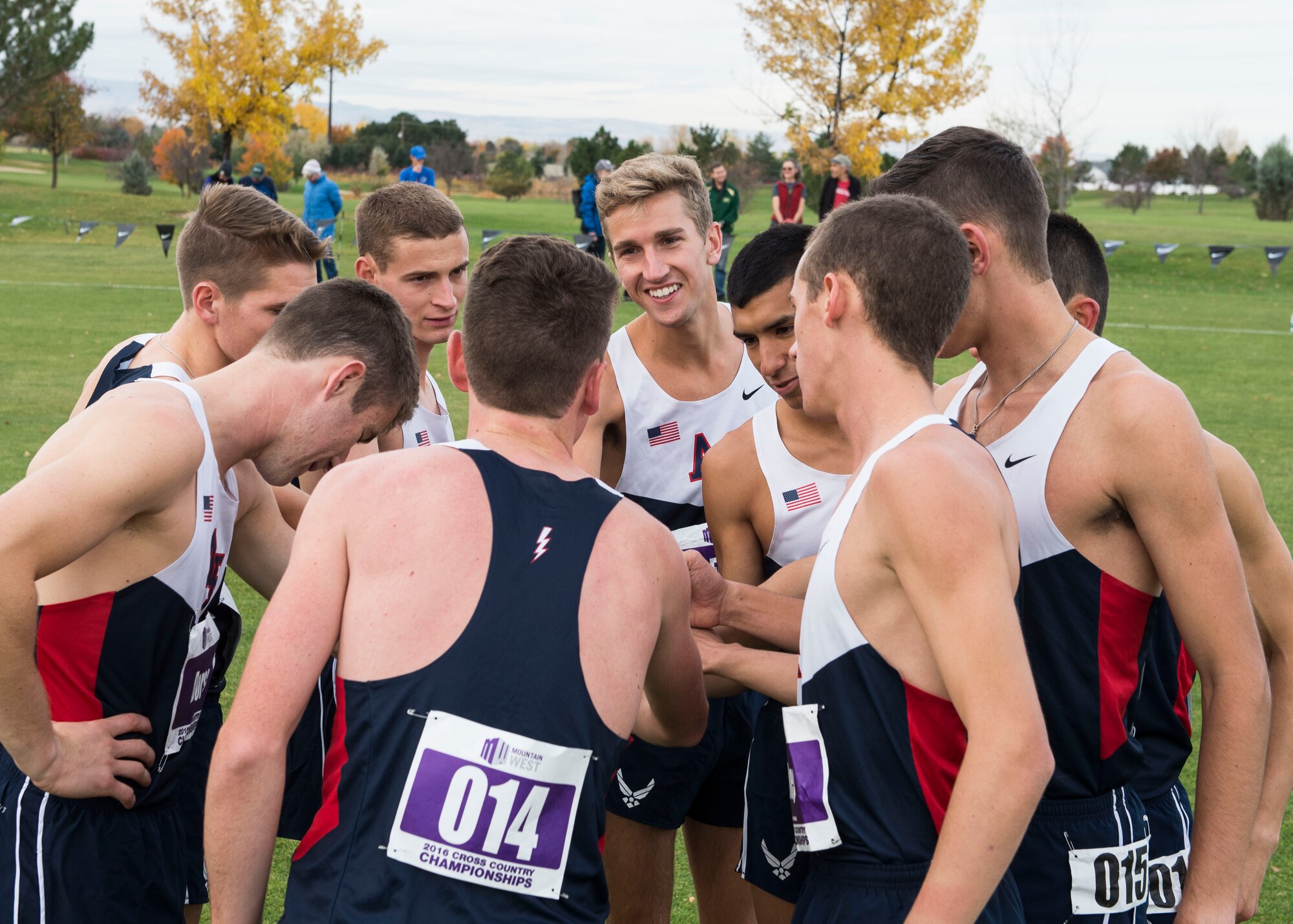 The Air Force Academy's men's cross country team strategizes before the Mountain West Conference Championship Oct. 28, 2016, at the Falcon Crest Golf Club in Kuna, Idaho. The men's team placed third overall in the MWC championships. (U.S. Air Force photo by Airman 1st Class Chester Mientkiewicz/Released)