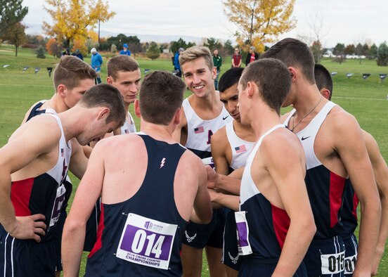 The Air Force Academy's men's cross country team strategizes before the Mountain West Conference Championship Oct. 28, 2016, at the Falcon Crest Golf Club in Kuna, Idaho. The men's team placed third overall in the MWC championships. (U.S. Air Force photo by Airman 1st Class Chester Mientkiewicz/Released)