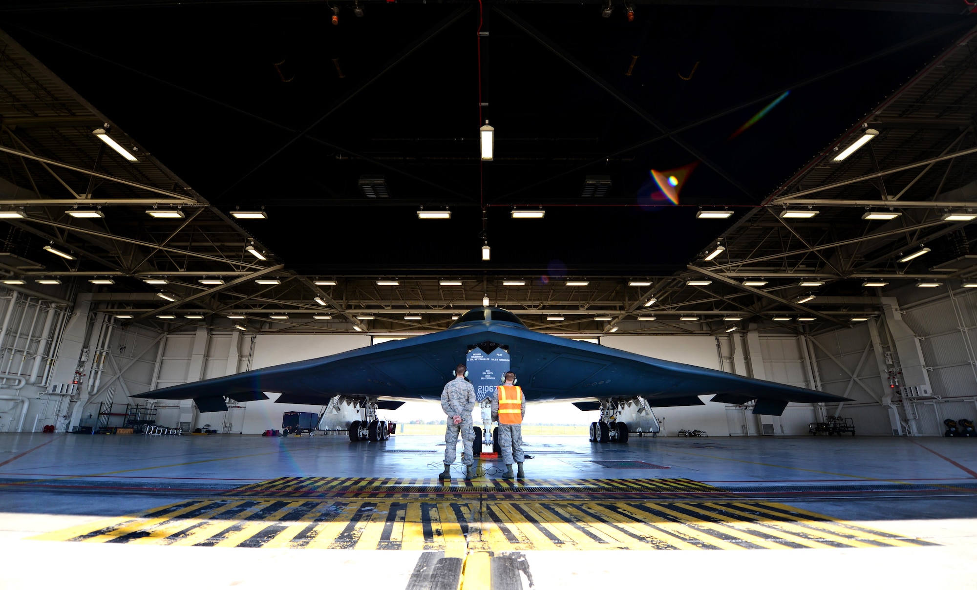 U.S. Air Force crew chiefs, assigned to the 509th Aircraft Maintenance Squadron, talk with pilots during pre-flight operations at Global Thunder 17, Whiteman Air Force Base, Mo., Oct. 27, 2016. Exercise Global Thunder is U.S. Strategic Command’s annual field training and battle staff exercise to train Department of Defense forces and assess joint operational readiness. GT17 will provide training opportunities to and exercise scenarios for all USSTRATCOM mission areas, with a specific focus on nuclear readiness.
(U.S. Air Force photo by Tech. Sgt. Andy Kin)
