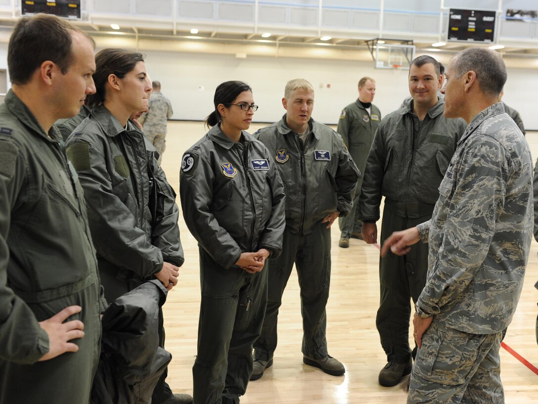 Maj. Gen. Thomas A. Bussiere, 8th Air Force commander, visits with air crew members at Minot Air Force Base, N.D., Oct. 30, 2016, during exercise Global Thunder 17. Global Thunder is an annual training event that assesses command and control functionality in all USSTRATCOM mission areas and affords component commands a venue to evaluate their joint operational readiness.(U.S Air Force photo by Senior Airman Kristoffer Kaubisch)