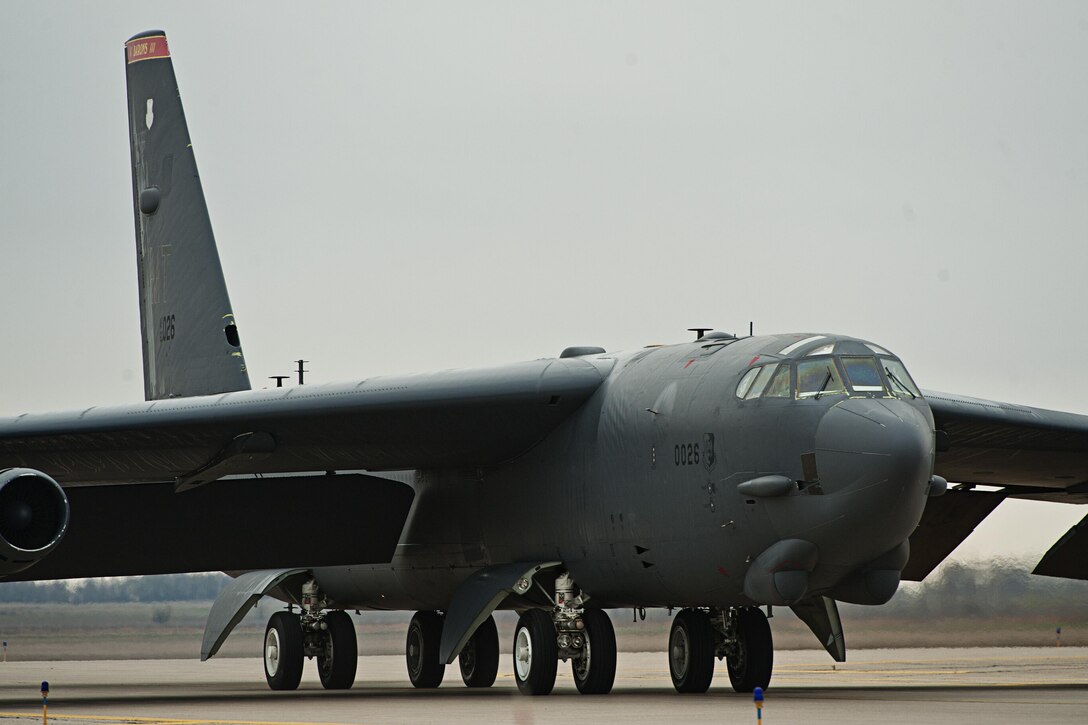 A B-52H Stratofortress assigned to Air Force Global Strike Command (AFGSC) taxis down the runway at Minot Air Force Base, N.D., Oct. 30, 2016, during exercise Global Thunder 17. AFGSC supports U.S. Strategic Command's (USSTRATCOM) global strike and nuclear deterrence missions by providing strategic assets, including bombers like the B-52 and B-2, to ensure a safe, secure, effective and ready deterrent force. Global Thunder is an annual training event that assesses command and control functionality in all USSTRATCOM mission areas and affords component commands a venue to evaluate their joint operational readiness. (U.S. Air Force photo/Airman 1st Class J.T. Armstrong)