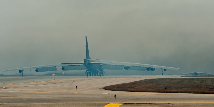 B-52H Stratofortresses assigned to Air Force Global Strike Command (AFGSC) taxi down the runway at Minot Air Force Base, N.D., Oct. 30, 2016, during exercise Global Thunder 17. AFGSC supports U.S. Strategic Command's (USSTRATCOM) global strike and nuclear deterrence missions by providing strategic assets, including bombers like the B-52 and B-2, to ensure a safe, secure, effective and ready deterrent force. Global Thunder is an annual training event that assesses command and control functionality in all USSTRATCOM mission areas and affords component commands a venue to evaluate their joint operational readiness. (U.S. Air Force photo/Airman 1st Class J.T. Armstrong)