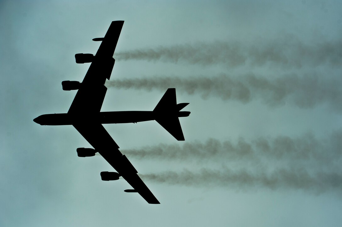 A B-52H Stratofortress assigned to Air Force Global Strike Command (AFGSC) flies over Minot Air Force Base, N.D., Oct. 30, 2016, during exercise Global Thunder 17. AFGSC supports U.S. Strategic Command's (USSTRATCOM) global strike and nuclear deterrence missions by providing strategic assets, including bombers like the B-52 and B-2, to ensure a safe, secure, effective and ready deterrent force. Global Thunder is an annual training event that assesses command and control functionality in all USSTRATCOM mission areas and affords component commands a venue to evaluate their joint operational readiness. (U.S. Air Force photo/Airman 1st Class J.T. Armstrong)