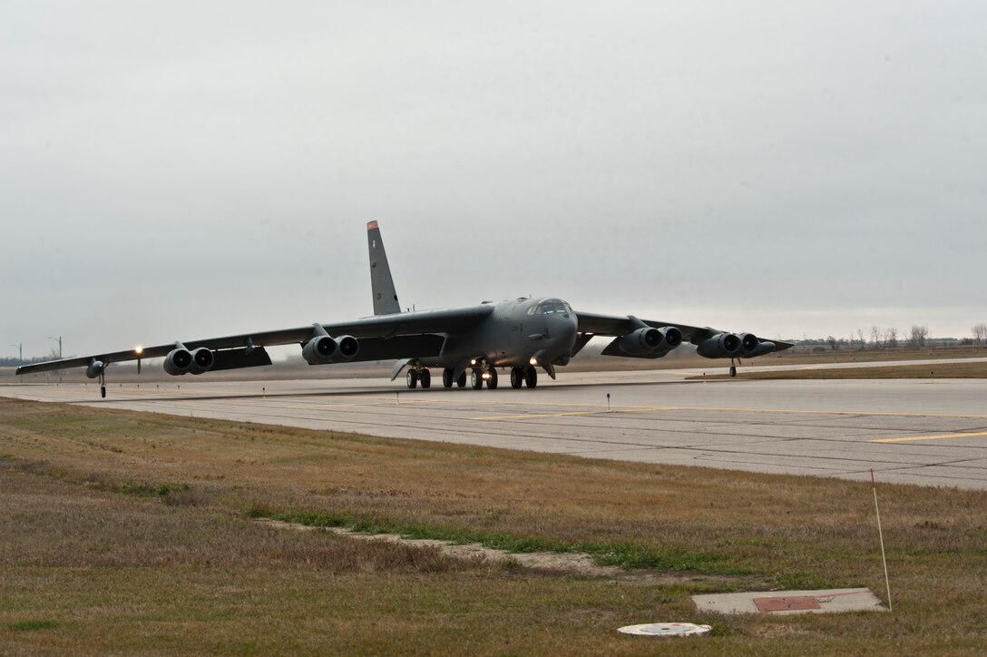 A B-52H Stratofortress assigned to Air Force Global Strike Command (AFGSC) takes off from the runway at Minot Air Force Base, N.D., Oct. 30, 2016, during exercise Global Thunder 17. AFGSC supports U.S. Strategic Command's (USSTRATCOM) global strike and nuclear deterrence missions by providing strategic assets, including bombers like the B-52 and B-2, to ensure a safe, secure, effective and ready deterrent force. Global Thunder is an annual training event that assesses command and control functionality in all USSTRATCOM mission areas and affords component commands a venue to evaluate their joint operational readiness. (U.S. Air Force photo by Airman 1st Class Jonathan McElderry)
