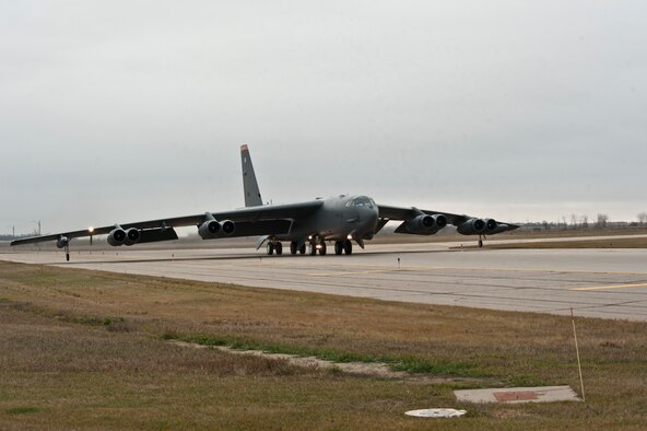 A B-52H Stratofortress assigned to Air Force Global Strike Command (AFGSC) takes off from the runway at Minot Air Force Base, N.D., Oct. 30, 2016, during exercise Global Thunder 17. AFGSC supports U.S. Strategic Command's (USSTRATCOM) global strike and nuclear deterrence missions by providing strategic assets, including bombers like the B-52 and B-2, to ensure a safe, secure, effective and ready deterrent force. Global Thunder is an annual training event that assesses command and control functionality in all USSTRATCOM mission areas and affords component commands a venue to evaluate their joint operational readiness. (U.S. Air Force photo by Airman 1st Class Jonathan McElderry)