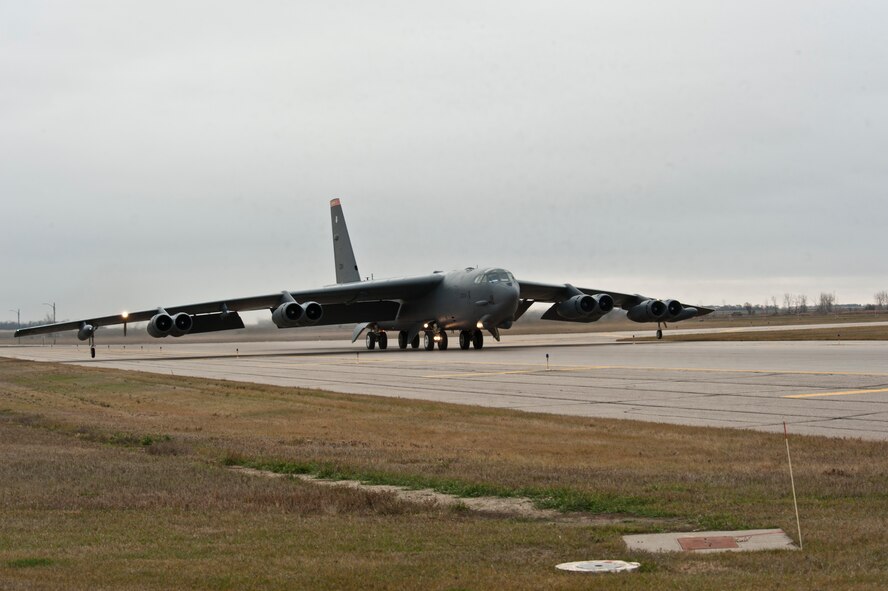 A B-52H Stratofortress assigned to Air Force Global Strike Command (AFGSC) takes off from the runway at Minot Air Force Base, N.D., Oct. 30, 2016, during exercise Global Thunder 17. AFGSC supports U.S. Strategic Command's (USSTRATCOM) global strike and nuclear deterrence missions by providing strategic assets, including bombers like the B-52 and B-2, to ensure a safe, secure, effective and ready deterrent force. Global Thunder is an annual training event that assesses command and control functionality in all USSTRATCOM mission areas and affords component commands a venue to evaluate their joint operational readiness. (U.S. Air Force photo by Airman 1st Class Jonathan McElderry)