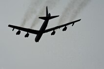 A B-52H Stratofortress assigned to Air Force Global Strike Command (AFGSC) flies over Minot Air Force Base, N.D., Oct. 30, 2016, during exercise Global Thunder 17. AFGSC supports U.S. Strategic Command's (USSTRATCOM) global strike and nuclear deterrence missions by providing strategic assets, including bombers like the B-52 and B-2, to ensure a safe, secure, effective and ready deterrent force. Global Thunder is an annual training event that assesses command and control functionality in all USSTRATCOM mission areas and affords component commands a venue to evaluate their joint operational readiness. (U.S. Air Force photo by Airman 1st Class Jonathan McElderry)