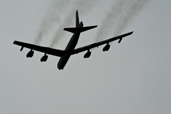 A B-52H Stratofortress assigned to Air Force Global Strike Command (AFGSC) flies over Minot Air Force Base, N.D., Oct. 30, 2016, during exercise Global Thunder 17. AFGSC supports U.S. Strategic Command's (USSTRATCOM) global strike and nuclear deterrence missions by providing strategic assets, including bombers like the B-52 and B-2, to ensure a safe, secure, effective and ready deterrent force. Global Thunder is an annual training event that assesses command and control functionality in all USSTRATCOM mission areas and affords component commands a venue to evaluate their joint operational readiness. (U.S. Air Force photo by Airman 1st Class Jonathan McElderry)