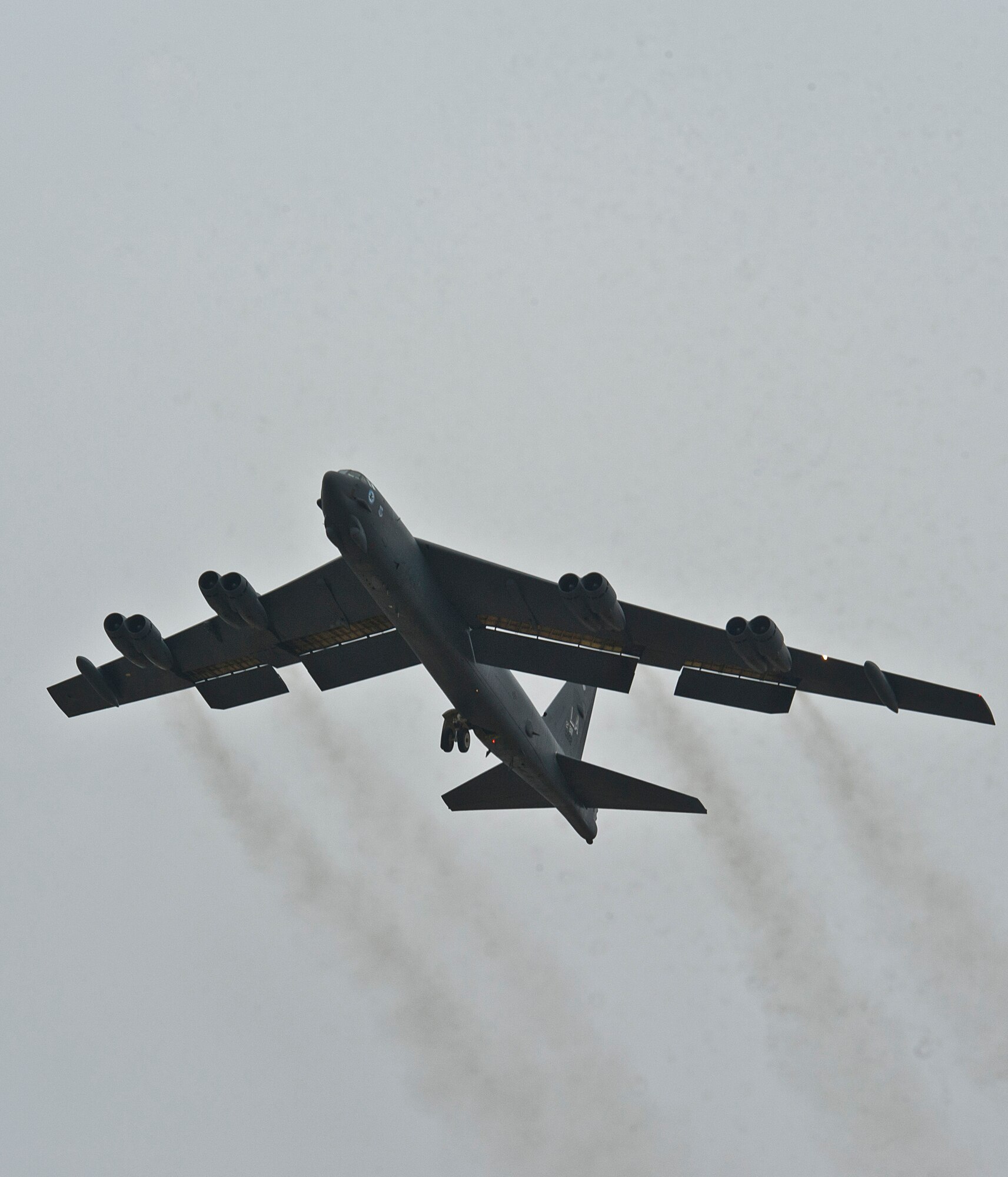 A B-52H Stratofortress assigned to Air Force Global Strike Command (AFGSC) flies over Minot Air Force Base, N.D., Oct. 30, 2016, during exercise Global Thunder 17. AFGSC supports U.S. Strategic Command's (USSTRATCOM) global strike and nuclear deterrence missions by providing strategic assets, including bombers like the B-52 and B-2, to ensure a safe, secure, effective and ready deterrent force. Global Thunder is an annual training event that assesses command and control functionality in all USSTRATCOM mission areas and affords component commands a venue to evaluate their joint operational readiness. (U.S. Air Force photo by Airman 1st Class Jonathan McElderry)