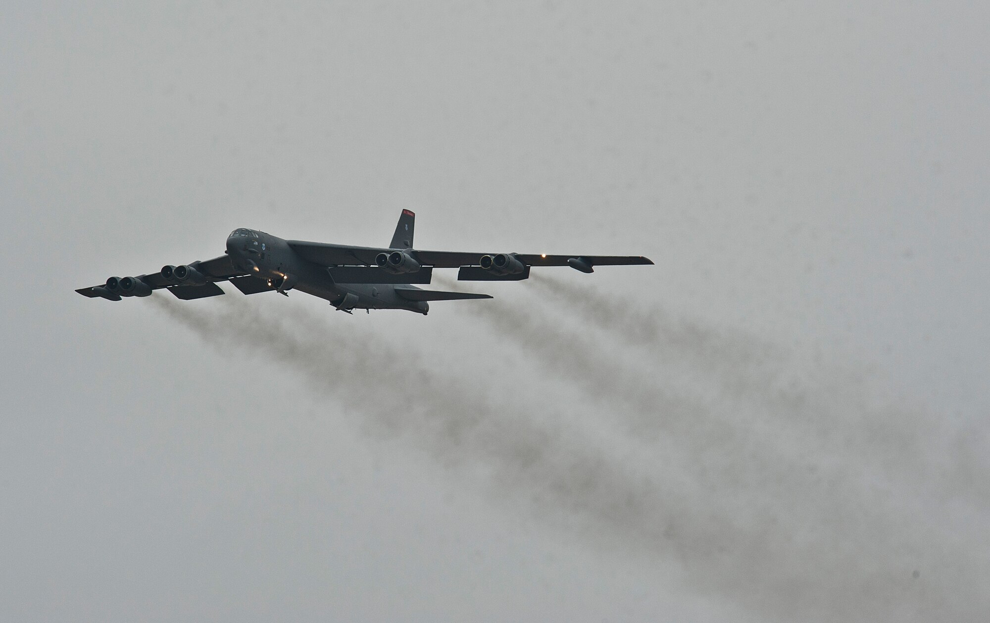 A B-52H Stratofortress assigned to Air Force Global Strike Command (AFGSC) flies over Minot Air Force Base, N.D., Oct. 30, 2016, during exercise Global Thunder 17. AFGSC supports U.S. Strategic Command's (USSTRATCOM) global strike and nuclear deterrence missions by providing strategic assets, including bombers like the B-52 and B-2, to ensure a safe, secure, effective and ready deterrent force. Global Thunder is an annual training event that assesses command and control functionality in all USSTRATCOM mission areas and affords component commands a venue to evaluate their joint operational readiness. (U.S. Air Force photo by Airman 1st Class Jonathan McElderry)
