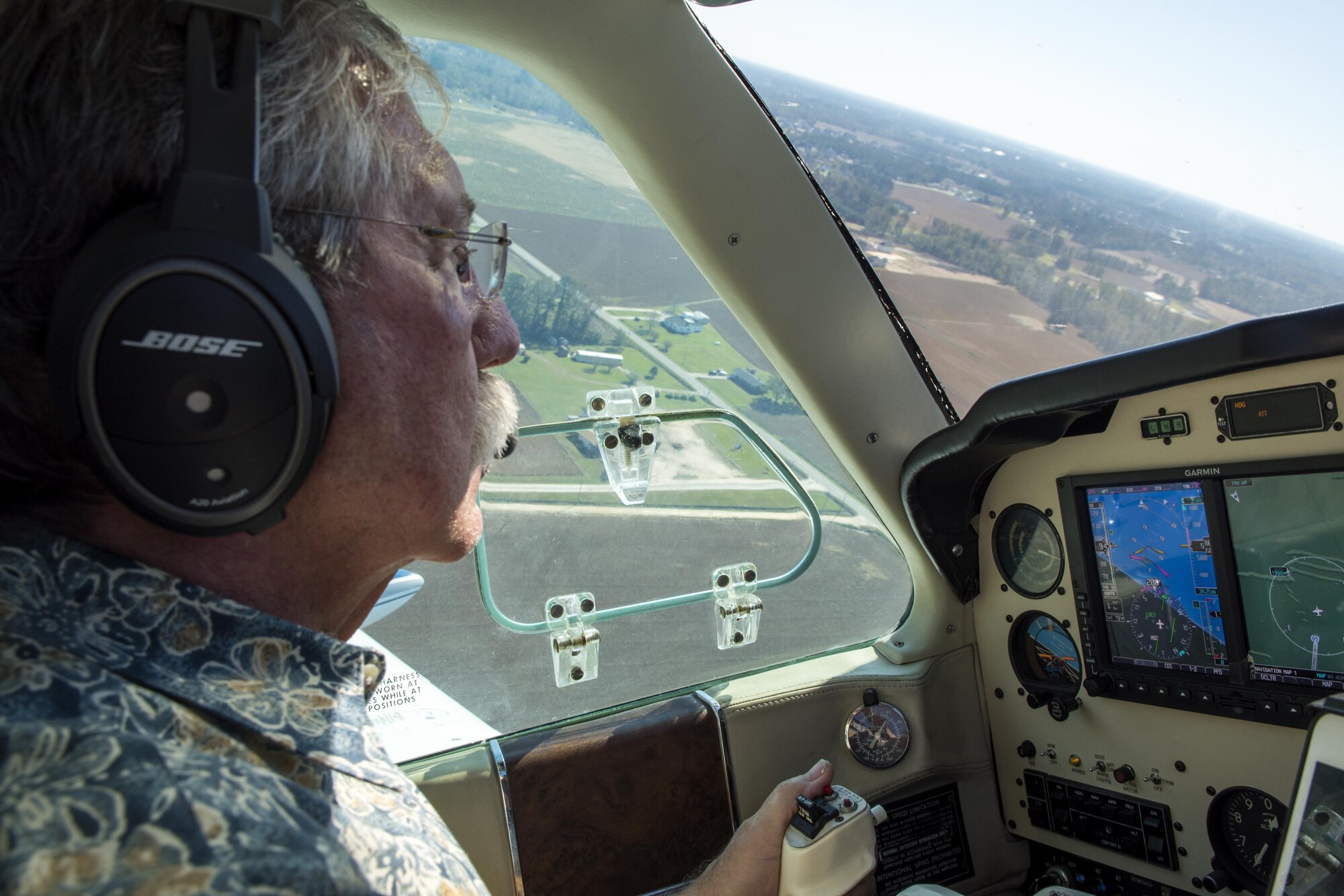 George Wolfe, Goldsboro Wayne Aviation Association pilot, pilots a flight for the annual Scare-a-Controller event, Oct. 29, 2016, at Wayne Executive Jetport in Goldsboro, North Carolina. The Goldsboro Wayne Aviation Association and the Seymour Johnson Flying Club teamed up to fly more than 60 individuals from the base. (U.S. Air Force photo by Airman Shawna L. Keyes)