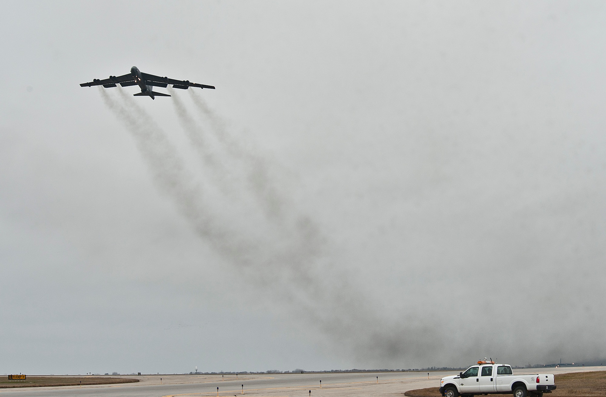 A B-52H Stratofortress assigned to Air Force Global Strike Command (AFGSC) takes off from the runway at Minot Air Force Base, N.D., Oct. 30, 2016, during exercise Global Thunder 17. AFGSC supports U.S. Strategic Command's (USSTRATCOM) global strike and nuclear deterrence missions by providing strategic assets, including bombers like the B-52 and B-2, to ensure a safe, secure, effective and ready deterrent force. Global Thunder is an annual training event that assesses command and control functionality in all USSTRATCOM mission areas and affords component commands a venue to evaluate their joint operational readiness. (U.S. Air Force photo by Airman 1st Class Jonathan McElderry)