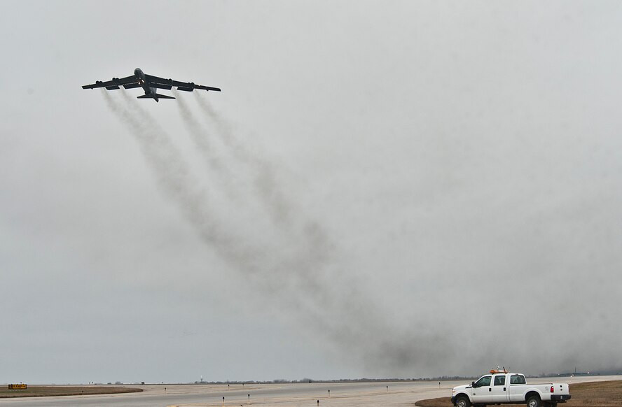 A B-52H Stratofortress assigned to Air Force Global Strike Command (AFGSC) takes off from the runway at Minot Air Force Base, N.D., Oct. 30, 2016, during exercise Global Thunder 17. AFGSC supports U.S. Strategic Command's (USSTRATCOM) global strike and nuclear deterrence missions by providing strategic assets, including bombers like the B-52 and B-2, to ensure a safe, secure, effective and ready deterrent force. Global Thunder is an annual training event that assesses command and control functionality in all USSTRATCOM mission areas and affords component commands a venue to evaluate their joint operational readiness. (U.S. Air Force photo by Airman 1st Class Jonathan McElderry)