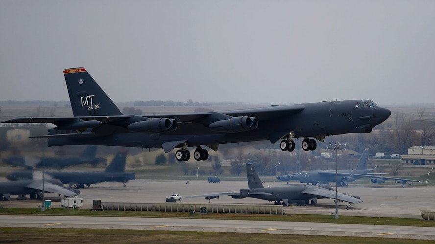 A B-52H Stratofortress assigned to Air Force Global Strike Command (AFGSC) takes off from the flightline at Minot Air Force Base, N.D., Oct. 30, 2016, during exercise Global Thunder 17. AFGSC supports U.S. Strategic Command's (USSTRATCOM) global strike and nuclear deterrence missions by providing strategic assets, including bombers like the B-52 and B-2, to ensure a safe, secure, effective and ready deterrent force. Global Thunder is an annual training event that assesses command and control functionality in all USSTRATCOM mission areas and affords component commands a venue to evaluate their joint operational readiness. (U.S. Air Force photo by Tech. Sgt. Evelyn Chavez)