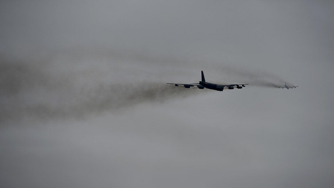 B-52H Stratofortresses assigned to Air Force Global Strike Command (AFGSC) fly over Minot Air Force Base, N.D., Oct. 30, 2016, during exercise Global Thunder 17. AFGSC supports U.S. Strategic Command's (USSTRATCOM) global strike and nuclear deterrence missions by providing strategic assets, including bombers like the B-52 and B-2, to ensure a safe, secure, effective and ready deterrent force. Global Thunder is an annual training event that assesses command and control functionality in all USSTRATCOM mission areas and affords component commands a venue to evaluate their joint operational readiness.  (U.S. Air Force photo by Tech. Sgt. Evelyn Chavez)