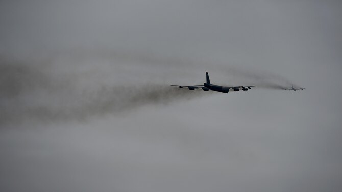 B-52H Stratofortresses assigned to Air Force Global Strike Command (AFGSC) fly over Minot Air Force Base, N.D., Oct. 30, 2016, during exercise Global Thunder 17. AFGSC supports U.S. Strategic Command's (USSTRATCOM) global strike and nuclear deterrence missions by providing strategic assets, including bombers like the B-52 and B-2, to ensure a safe, secure, effective and ready deterrent force. Global Thunder is an annual training event that assesses command and control functionality in all USSTRATCOM mission areas and affords component commands a venue to evaluate their joint operational readiness.  (U.S. Air Force photo by Tech. Sgt. Evelyn Chavez)