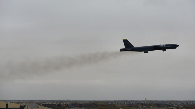 A B-52H Stratofortress assigned to Air Force Global Strike Command (AFGSC) takes off from the flightline at Minot Air Force Base, N.D., Oct. 30, 2016, during exercise Global Thunder 17. AFGSC supports U.S. Strategic Command's (USSTRATCOM) global strike and nuclear deterrence missions by providing strategic assets, including bombers like the B-52 and B-2, to ensure a safe, secure, effective and ready deterrent force. Global Thunder is an annual training event that assesses command and control functionality in all USSTRATCOM mission areas and affords component commands a venue to evaluate their joint operational readiness. (U.S. Air Force photo by Tech. Sgt. Evelyn Chavez)