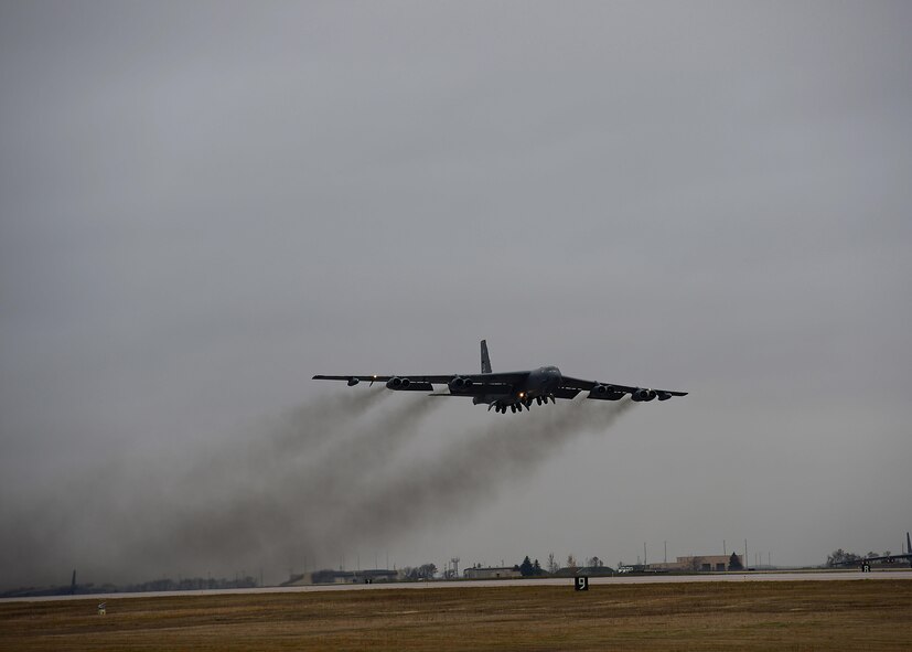 A B-52H Stratofortress assigned to Air Force Global Strike Command (AFGSC) takes off from the flightline at Minot Air Force Base, N.D., Oct. 30, 2016, during exercise Global Thunder 17. AFGSC supports U.S. Strategic Command's (USSTRATCOM) global strike and nuclear deterrence missions by providing strategic assets, including bombers like the B-52 and B-2, to ensure a safe, secure, effective and ready deterrent force. Global Thunder is an annual training event that assesses command and control functionality in all USSTRATCOM mission areas and affords component commands a venue to evaluate their joint operational readiness. (U.S. Air Force photo by Tech. Sgt. Evelyn Chavez)