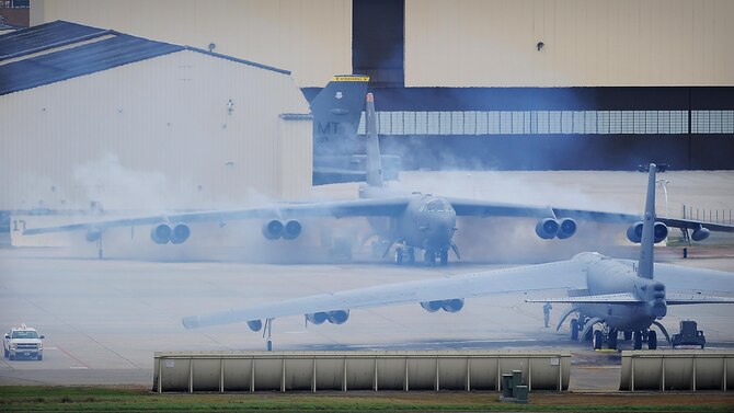 B-52H Stratofortresses assigned to B-52H Stratofortresses (AFGSC) prepare to take off from the flightline at Minot Air Force Base, N.D., Oct. 30, 2016, during exercise Global Thunder 17. AFGSC supports U.S. Strategic Command's (USSTRATCOM) global strike and nuclear deterrence missions by providing strategic assets, including bombers like the B-52 and B-2, to ensure a safe, secure, effective and ready deterrent force. Global Thunder is an annual training event that assesses command and control functionality in all USSTRATCOM mission areas and affords component commands a venue to evaluate their joint operational readiness. (U.S. Air Force photo by Tech. Sgt. Evelyn Chavez)