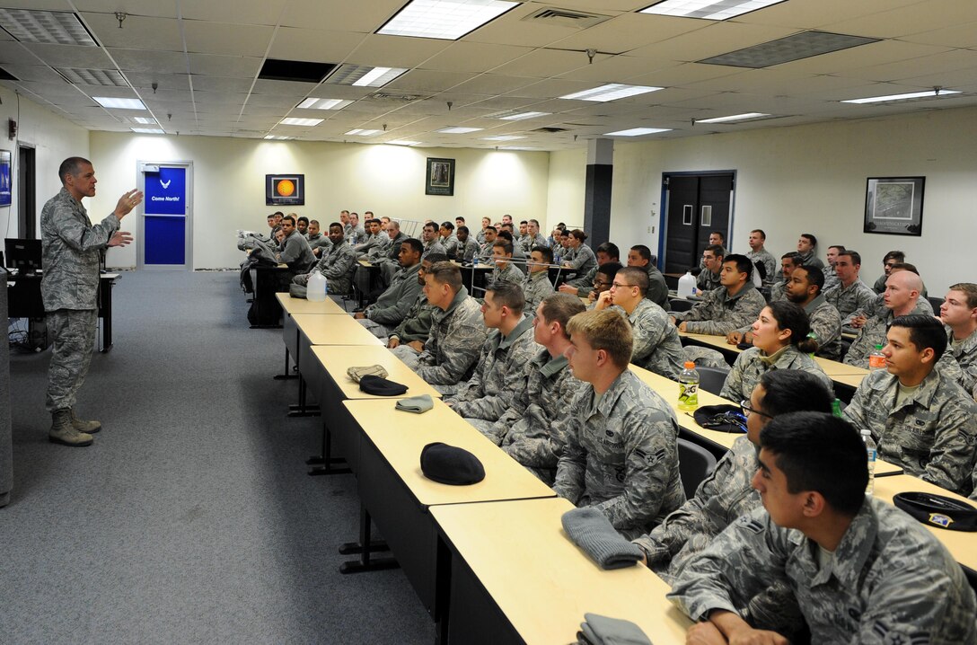 Maj. Gen. Thomas A. Bussiere, 8th Air Force commander, visits with security forces members from across Air Force Global Strike Command at Minot Air Force Base, N.D., Oct. 30, 2016, during exercise Global Thunder 17. Global Thunder is an annual training event that assesses command and control functionality in all USSTRATCOM mission areas and affords component commands a venue to evaluate their joint operational readiness. (U.S Air Force photo by Senior Airman Kristoffer Kaubisch)