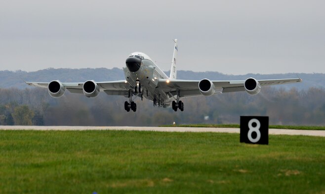 An Offutt-based RC-135 V/W Rivet Joint climbs into the air during Global Thunder 17, U.S. Strategic Command’s annual command post and field training exercise, Oct. 30, 2016, at Offutt Air Force Base, Neb. The exercise provided training opportunities for USSTRATCOM-tasked components, task forces, units and command posts to deter and, if necessary, defeat a military attack against the United States and to employ forces as directed by the President. (U.S. Air Force Photo by Josh Plueger)